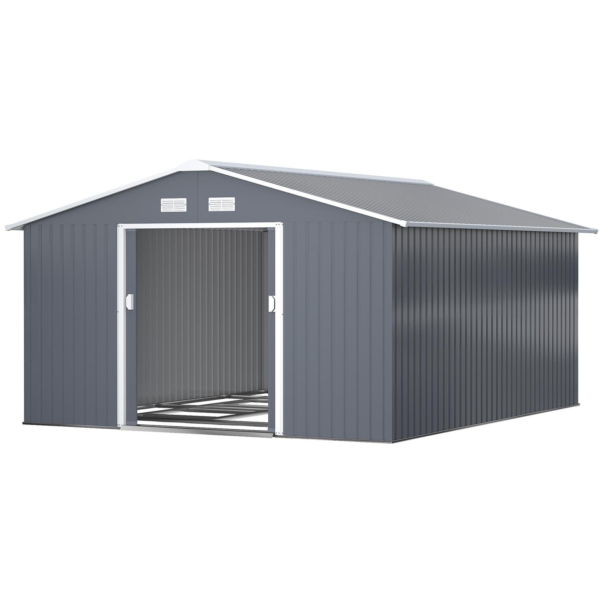 Abri de jardin en métal 13 x 11 pieds Maison de rangement extérieure pour outils avec fentes d'aération Kit de fondation et double porte verrouillable Gris