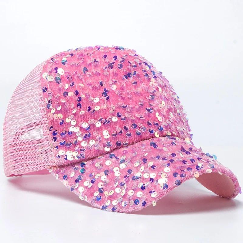 Polyester Sun Protection Baseball Cap With Shimmering Sequins For Outdoor Summer Activities