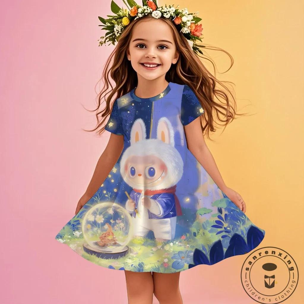 Kuromi New Summer Girls Dress Labubu 3D Printed Fashionable Cartoon Cute Princess Girls Clothes Skirt Party Labubu