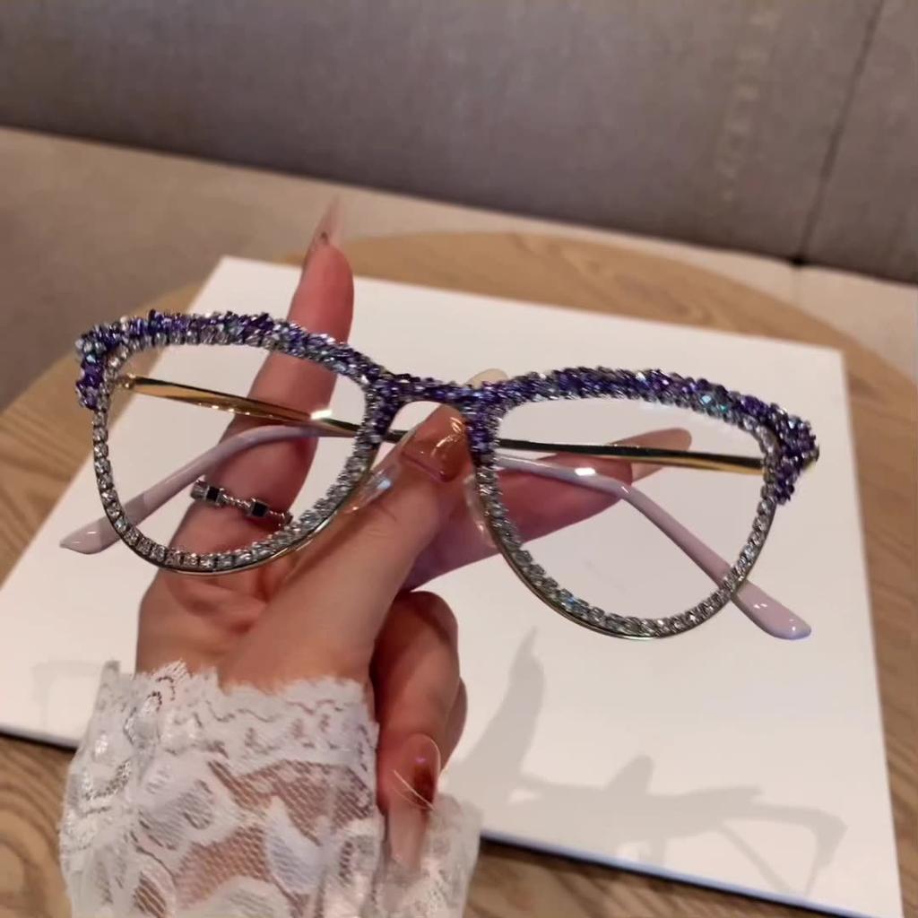 New European and American metal cat eye glasses women's high sense small broken diamond fashion *** light glasses