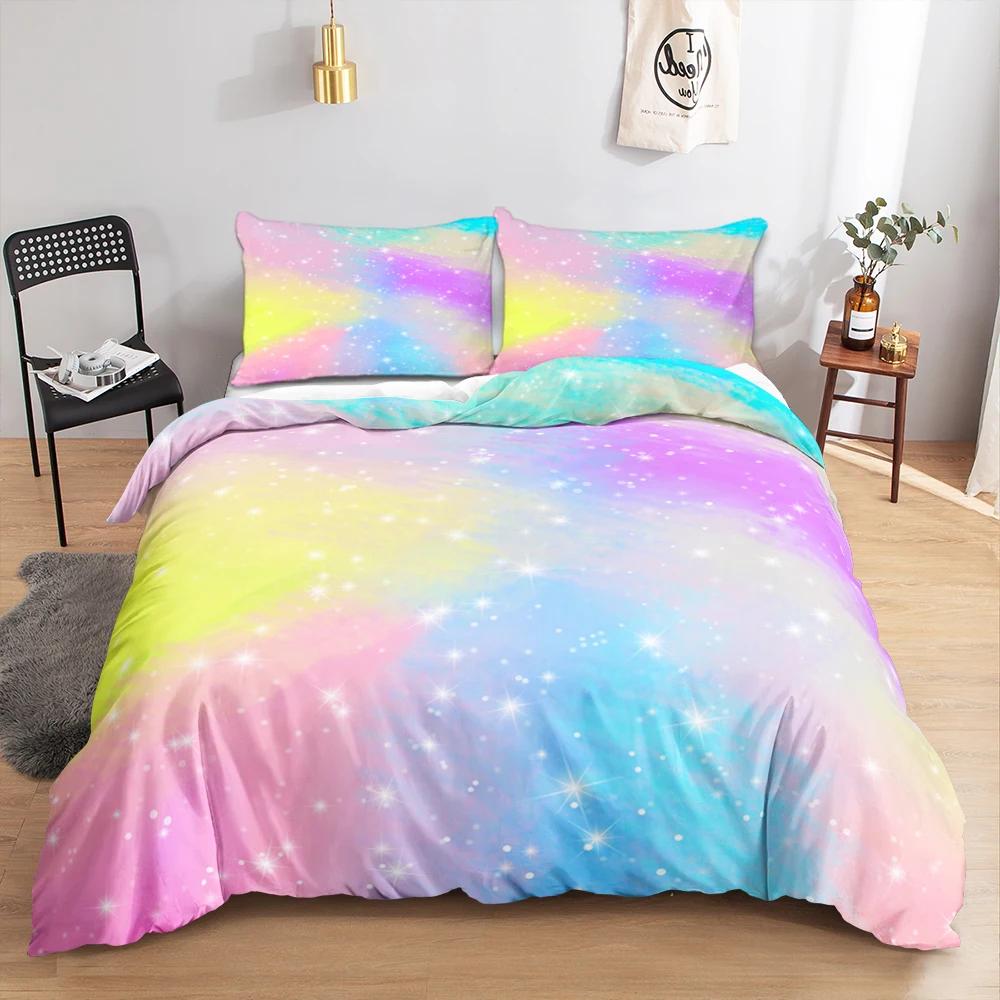 Rainbow Bedding Set Halo Dyeing Gradient Color Clouds Constellation Duvet Cover Set Single/Twin/Double Size Funny Gifts For Kids