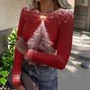 Top casual pentru femei cu mânecă lungă, tricotat nervurat, cu imprimeu de Crăciun și gât rotund
