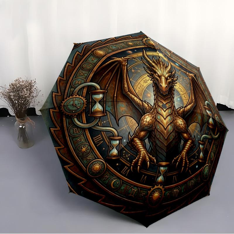 Steampunk Dragon Zodiac pattern umbrella, portable and foldable design, 8 ribs, a casual accessory for Halloween, Christmas, and birthday gifts.