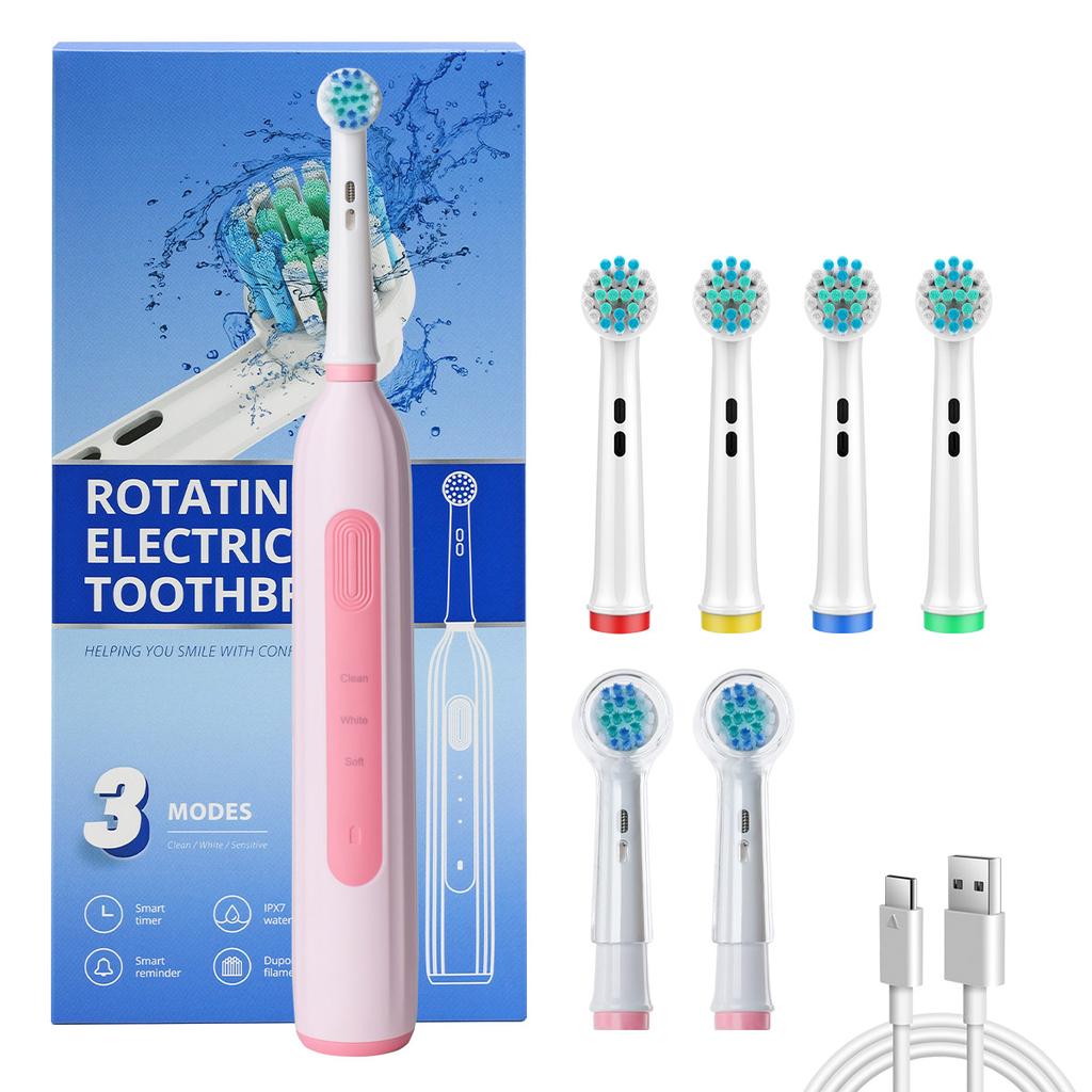 Rotating Electric Toothbrush Suitable for Adults, Equipped with 6 Brush Heads, Type-c Charging, 3-speed 2-minute Timed Zoning