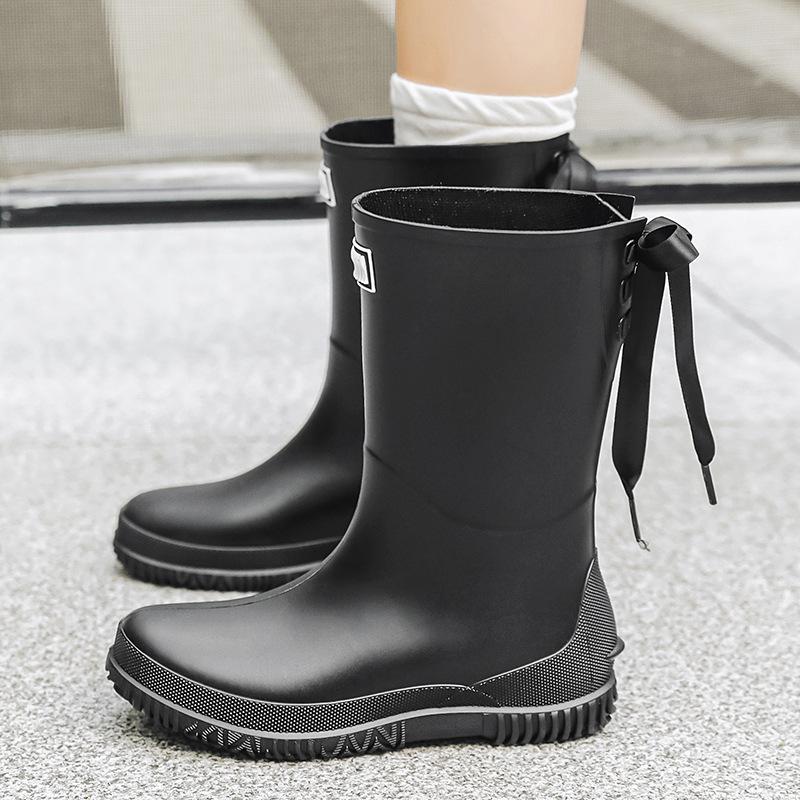 

Флисовые женские дождевые туфли простые средней и высокой воды водонепроницаемые и нескользящие рабочие резиновые туфли кухня дождливый день длинные резиновые сапоги 41