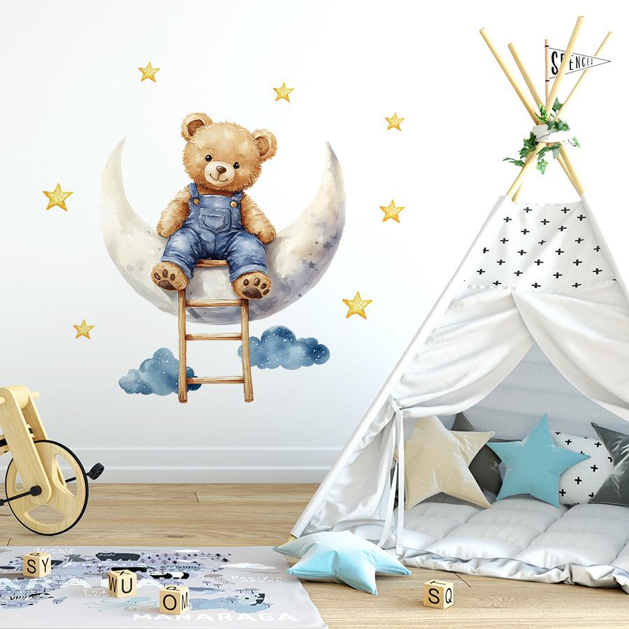 Cartoon Teddy Bear Sitting On Moon Self Adhesive Wall Stickers for Kids Room Nursery Baby Bedroom Decoration Decals