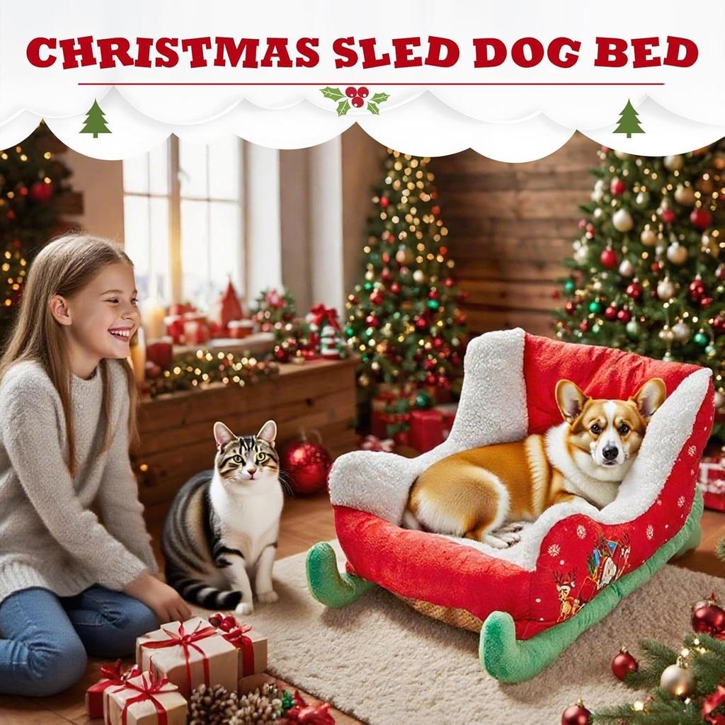 Christmas Sleigh Dog Bed for Cats Festive Cozy Insulated Nest for Winter Holiday Puppy Animal Calming Sleeping Cat Cold Weather Nights Cozy Indoor