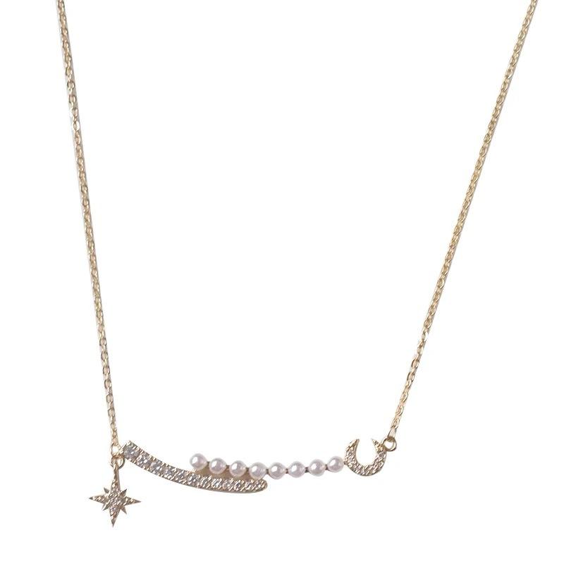 

Scattered Stars Retro French Temperament Exquisite Zircon Star Moon Pearl Necklace Clavicle Chain