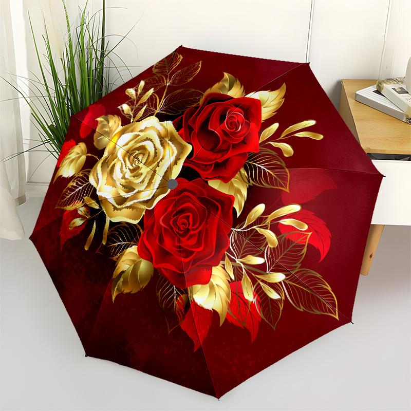 Golden Red Rose Bouquet Circular Wall Art Print Poster Umbrella, Cute Umbrella with Cute Design, Portable 3-Fold Compact Umbrella for Men & Women, Val
