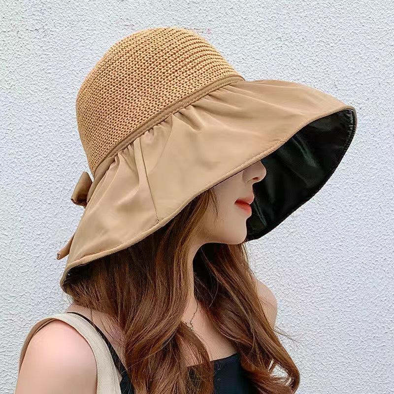 Large Brim Fisherman Hat with Bow Knitted Top Hollow Breathable Sun Hat Vinyl Sun Protection UV Hat