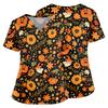 Women's Halloween Print V Neck Medical Scrub Top with Pockets Side Slits Short Sleeve Nurse Uniform Shirt for Healthcare Professionals