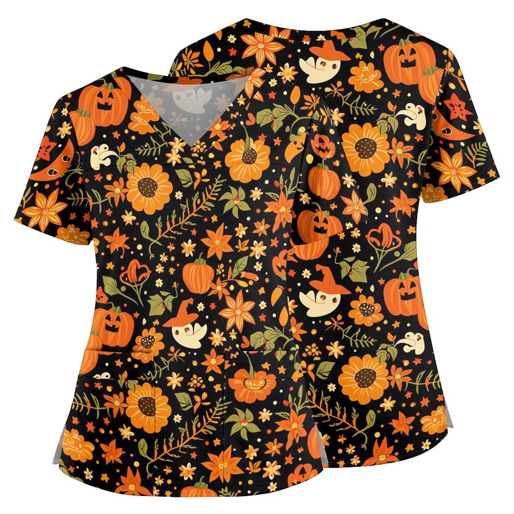 Women's Halloween Print V Neck Medical Scrub Top with Pockets Side Slits Short Sleeve Nurse Uniform Shirt for Healthcare Professionals