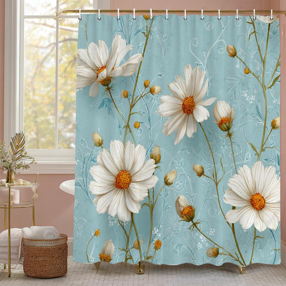 White Daisy Flowers Shower Curtain, Floral Art Bathroom Decorative Shower Curtain, Printed Polyester Fabric Curtain with Hooks