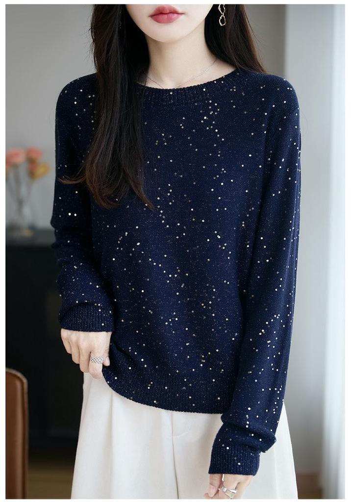 Women's 2025 Fine Knit Wool Sweater with Sequins - Long Sleeve, Loose Slimming Fit