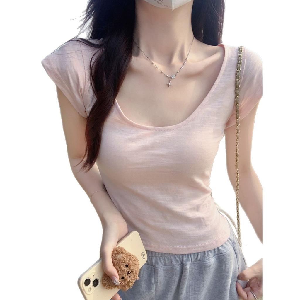 Low U-neck Front Shoulder Pink Short-sleeved T-shirt Women's Summer Sweet and Spicy Pure Desire Wind Slim and Thin Bottomed Shirt Top