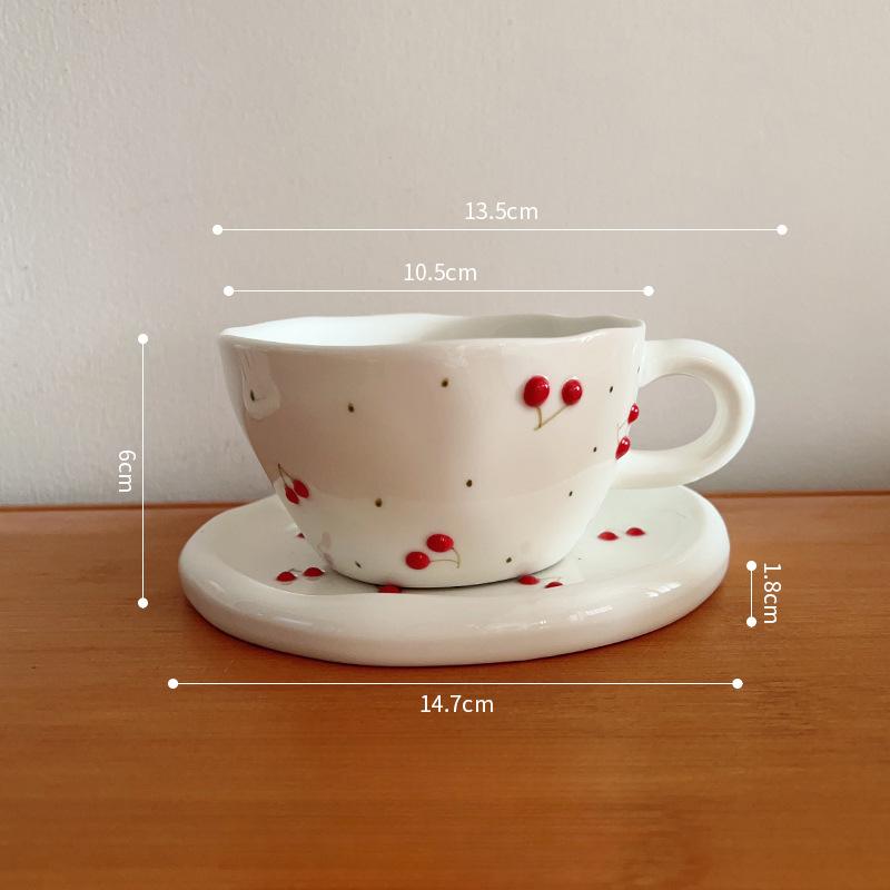 High Value Hand Pinch Ceramic Coffee Cup Cute Cherry Mug Household Water Cup Breakfast Cup One Dish Set