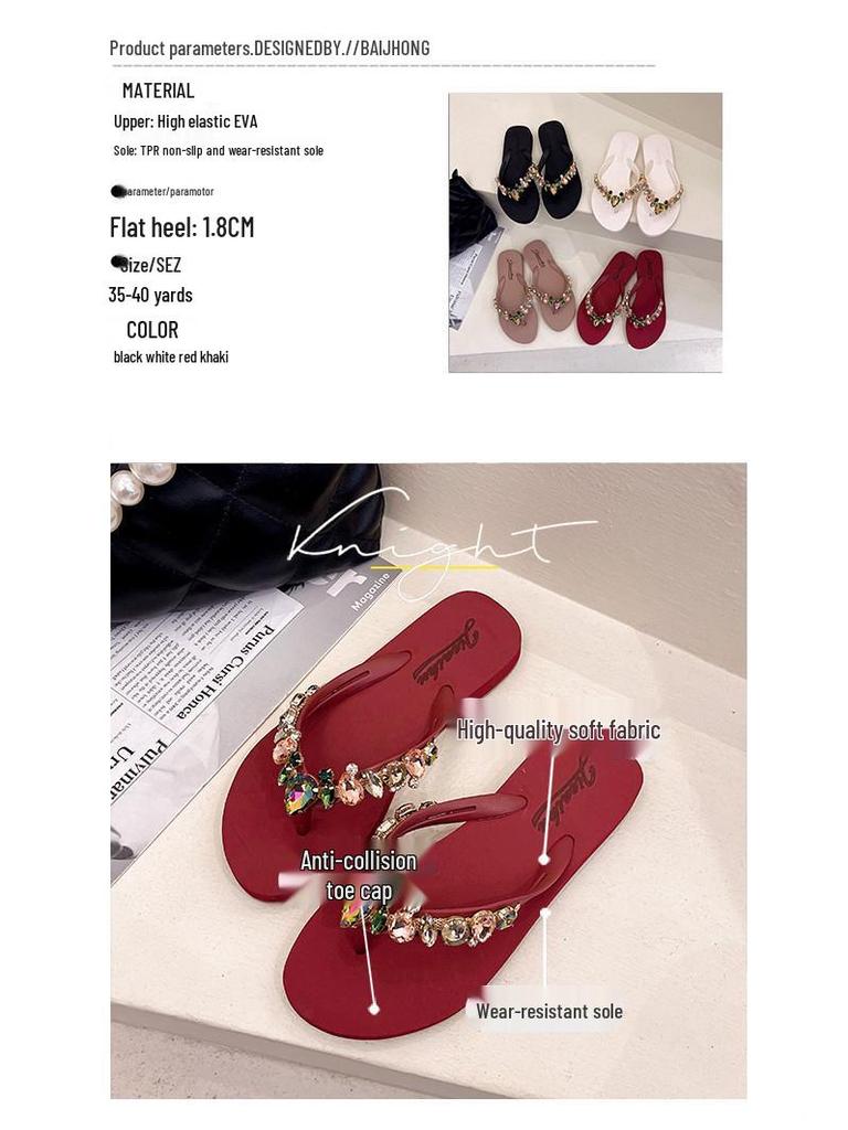 Summer Peach Heart Rhinestone Flip Flops - Women's Casual Beach Flats