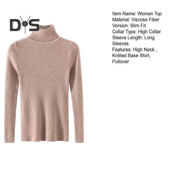 Women Knitted Base Top High Neck Long Sleeve Slim Shirt Solid Color Pullover Thin Sweater for Spring Autumn