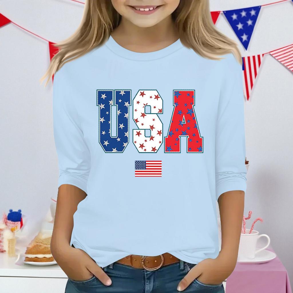 Druckoberteile für junge Mädchen 3-10 Jahre Rundhals 3/4-Ärmel T-Shirts Trendige Oberteile Outfit T-Shirts