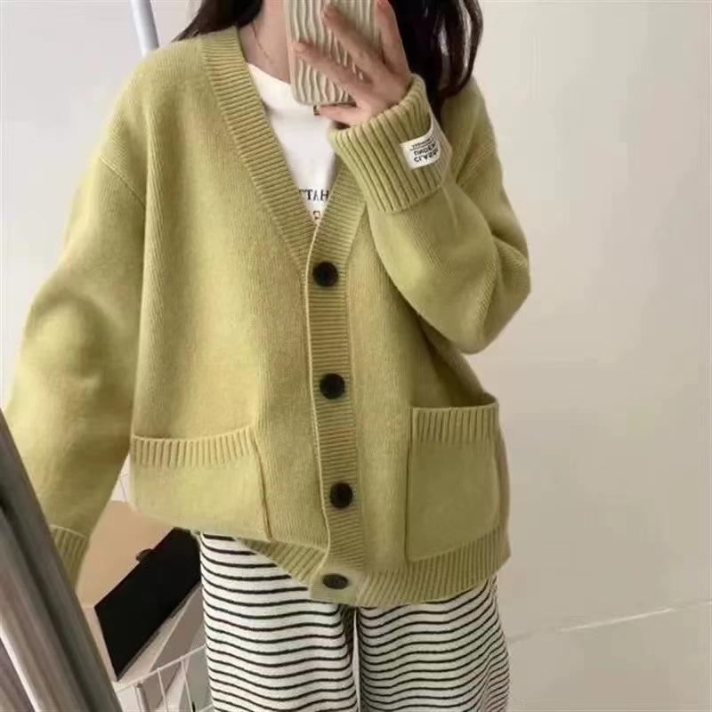Fashion Solid Casual Grey Tops Sweater Women 2024 Autumn Warm Knitted V-neck Long Sleeve Women's Apricot Cardigans Coat