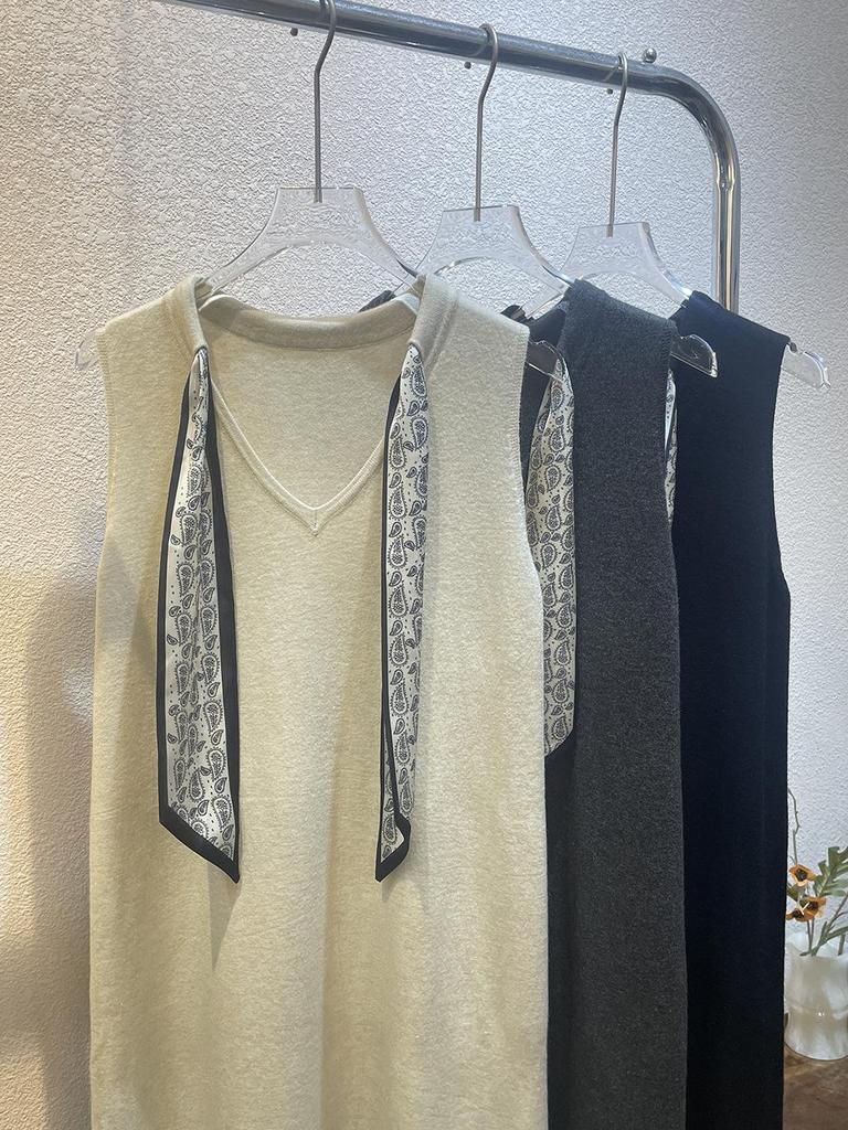 Women's Sleeveless Knitted Long Dress with Scarf Tie - Autumn Winter Style