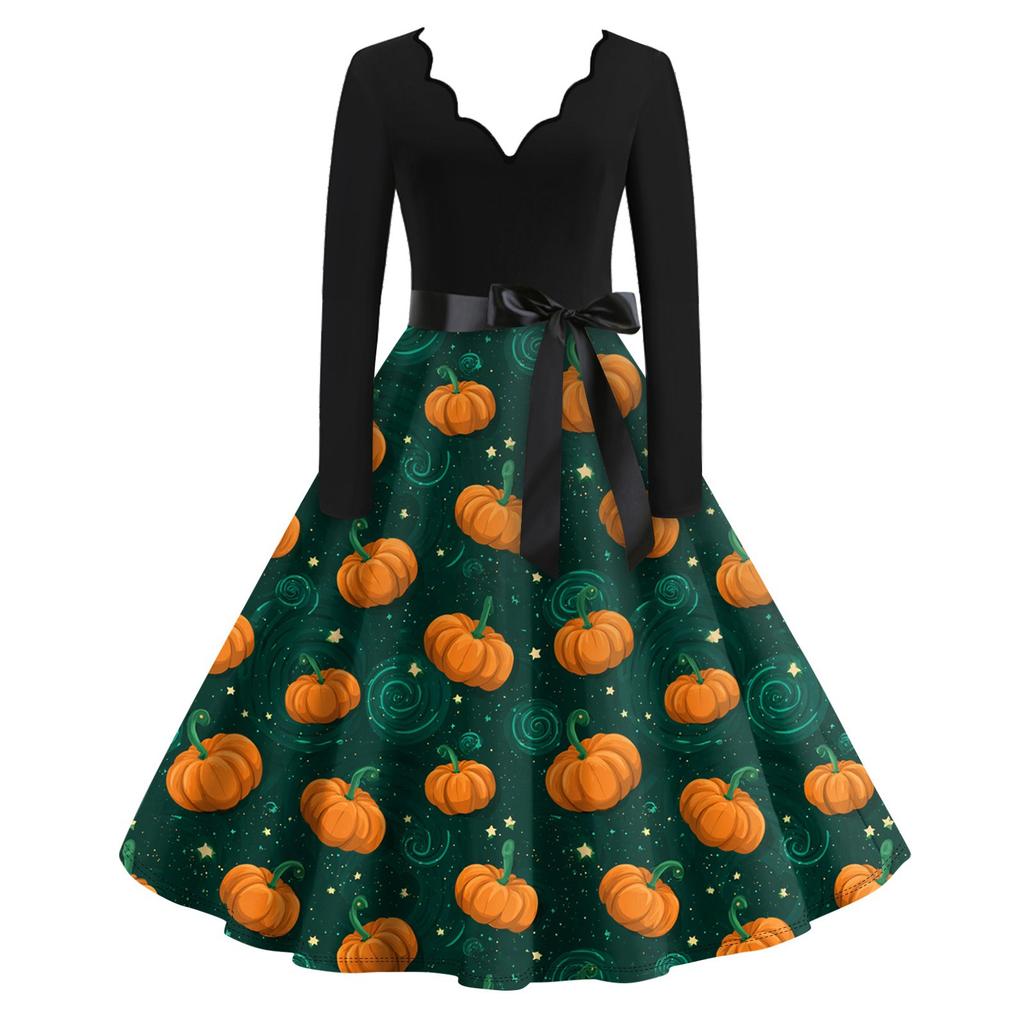Women's Casual Fashion Long Sleeve Halloween Graphic Printed Vintage Long Dresses