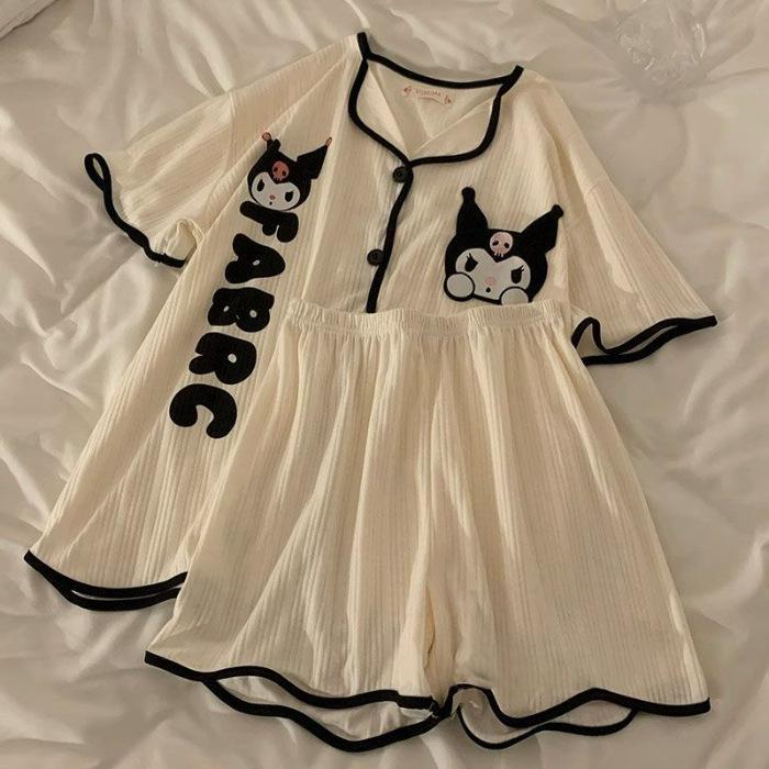 

2025 Summer Cartoon Japanese Style Women s Pajama Set - Short Sleeve Cardigan and Ribbed Homewear for Students Extra Extra Large
