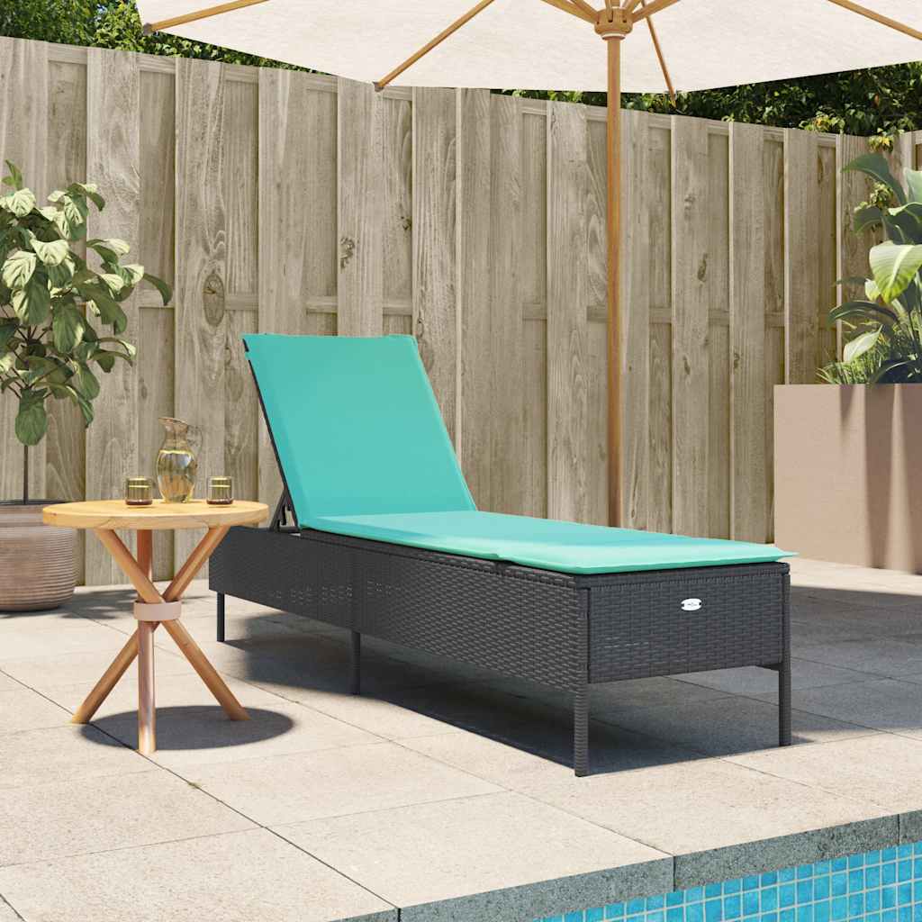 Black Sun Lounger with Cushions Poly Rattan