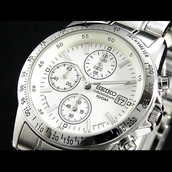 Seiko Reloj de Hombre Cronógrafo SND363PC Pulsera de Acero Inoxidable Plateada Subesfera de 1/20 de Segundo Tacómetro Indicador de Fecha Cuarzo Japonés Auténtico Nuevo