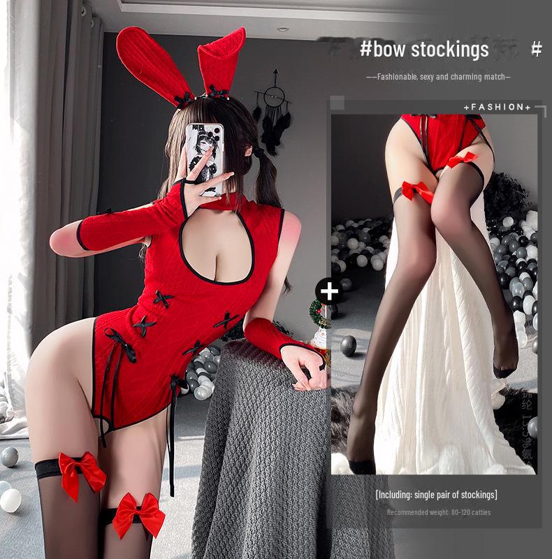 2025 Red Bunny Cheongsam Lingerie: Sexy Knitted Bodysuit