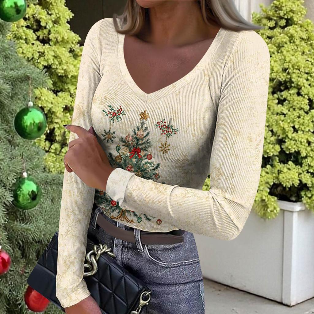 Women's Winter Slim-Fit Base Layer T-Shirt Fashionable Christmas Print V-Neck Pullover Long-Sleeved Top