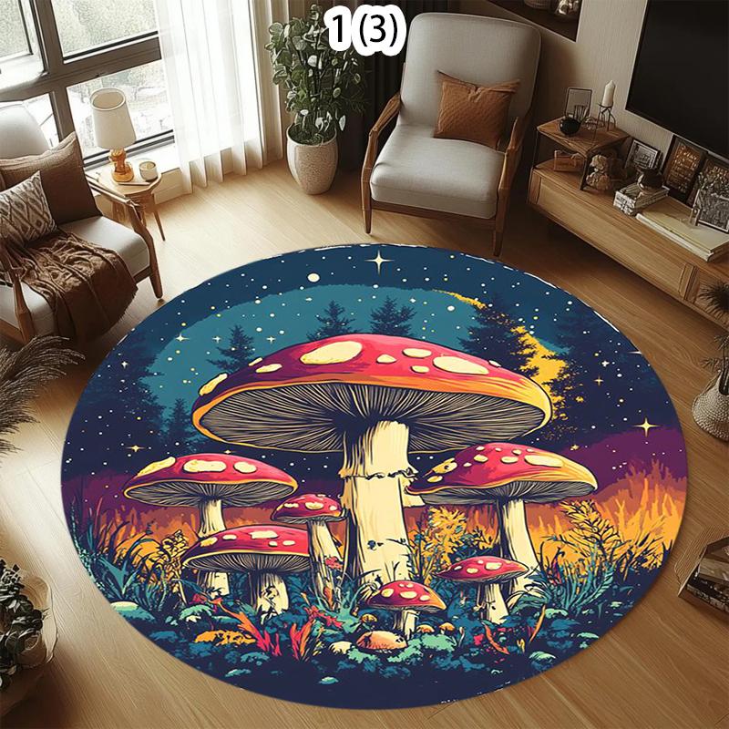 

Mushroom Round Area Rug with Red Spotted Amanita and Forest Foliage Patterns Soft Non Slip Floor Carpet for Boho Living Room 80cm x 80cm