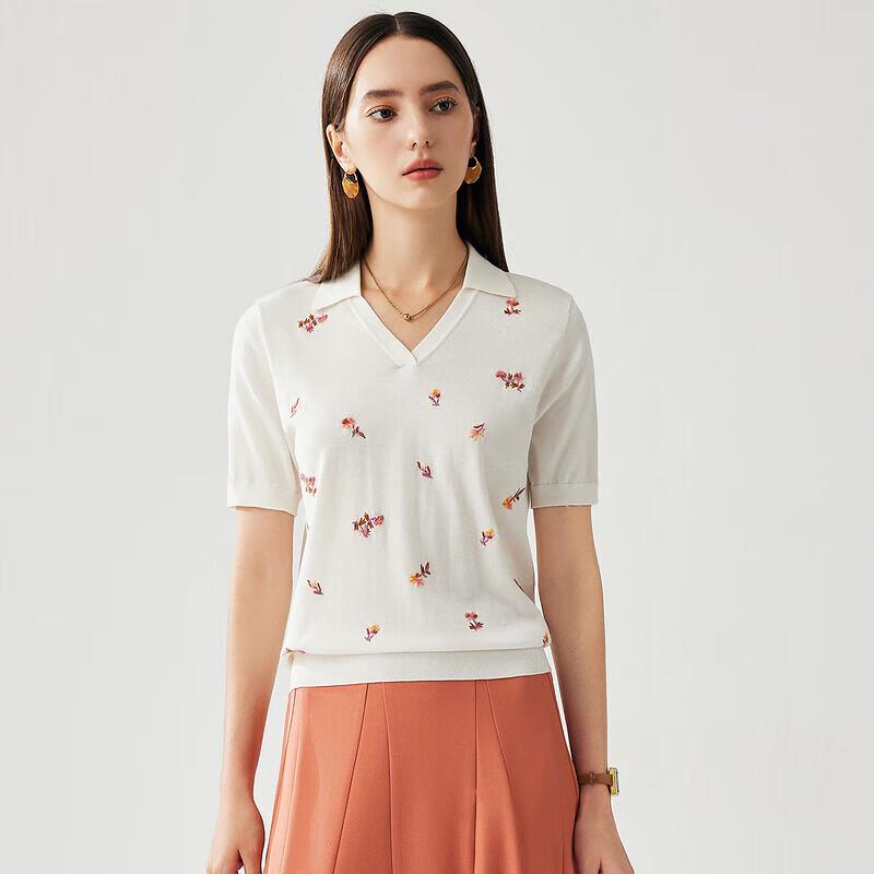 Zhaojun Women's Mulberry Silk Embroidered V-Neck Knit Top