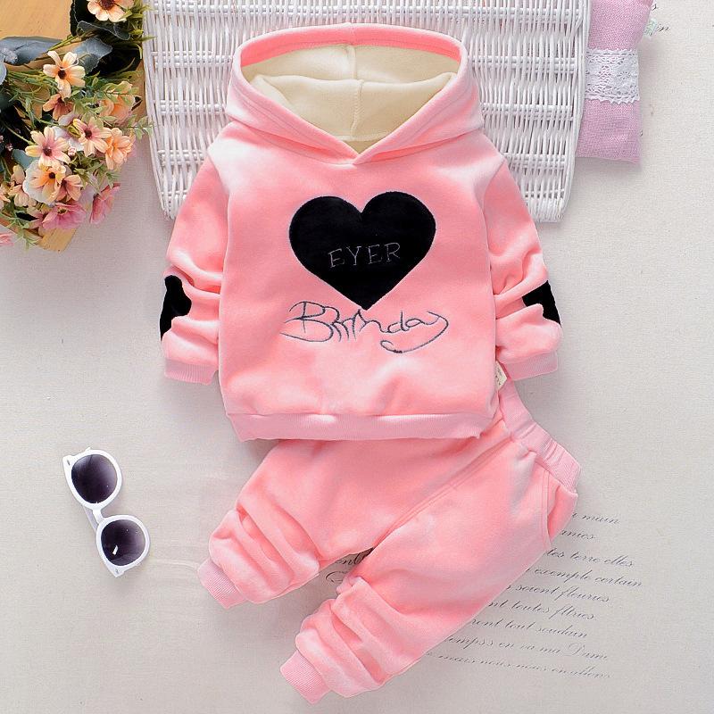 Autumn and Winter New Baby Girl Love Letters Double-sided Velvet Plus Velvet Thickened Hooded Sweatshirt Girls Warm Two-piece Set