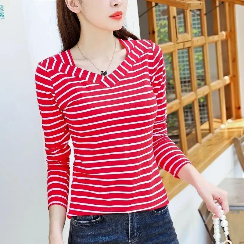 95 Cotton Long Sleeved Striped T-shirt Women's Fashion Spring Autumn New V-neck Bottoming Blouse