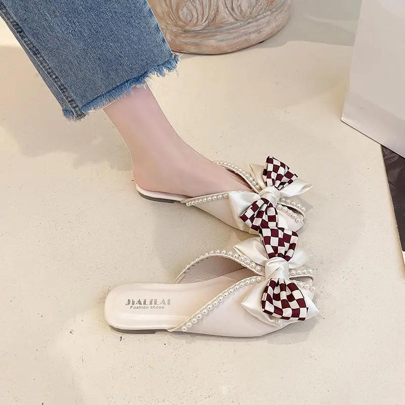Fashion Closed Toe Half Slippers for Women Summer Wear New Bow Pearl Flat Soft Bottom Peep-Toe Slippers Shoes for Women Zapatos De Mujer