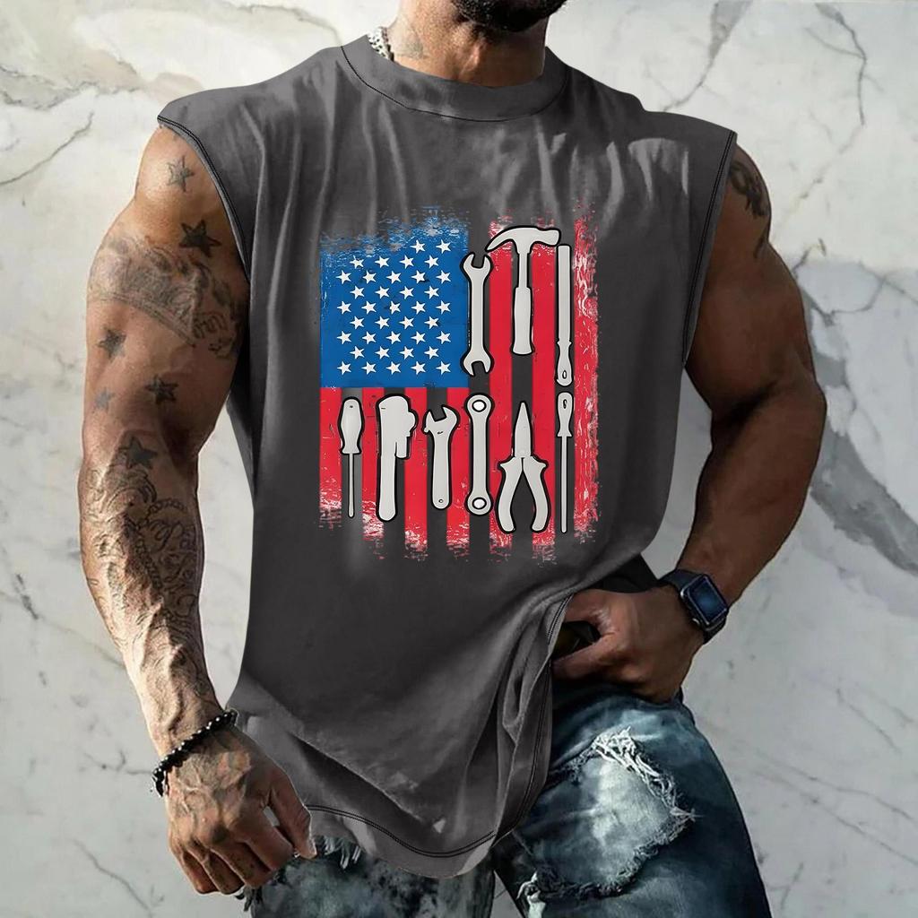 Men's Loose Fit Sleeveless Tank Top Casual Sportswear Muscle Shirt with Tool Print Graphic for Labor Day Outdoor Activities