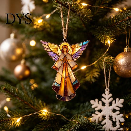 Christmas Gift Tags for Friends Stained Glass Style Angel Ornament, 2D Acrylic Tree Hanging Retro Holiday Party Supplies Decoration with Gold String,