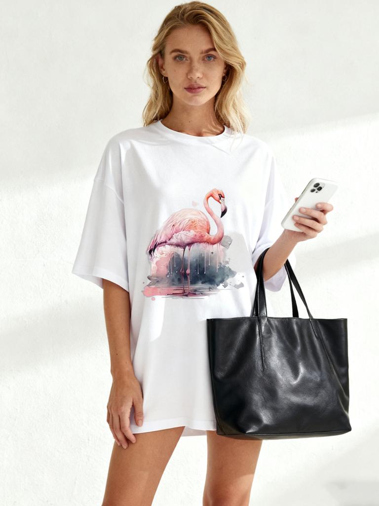 Oversized T Shirt Black Flamingo Print Summer Casual Wear