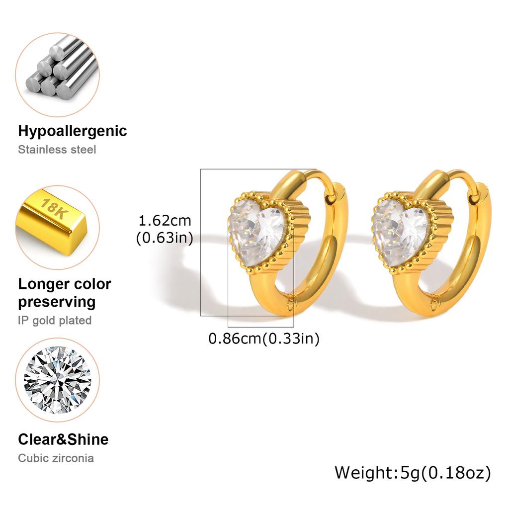 Dainty White Zircon Heart-shaped Earrings for Women,Pentagonal Star Earrings Gold Color Stainless Steel,Trendy Jewelry Gift