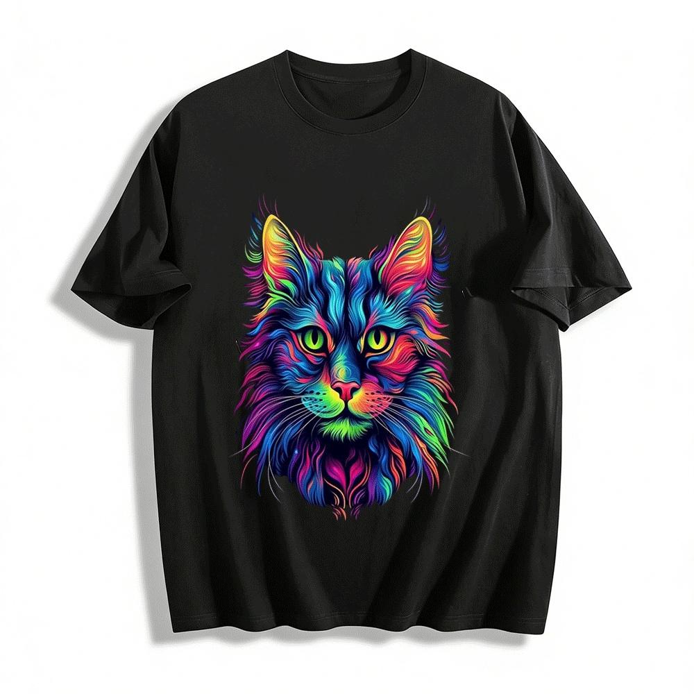 Neon Colorful Cat Print Trendy Unisex Casual T-Shirt Pure cotton T-shirt XXS