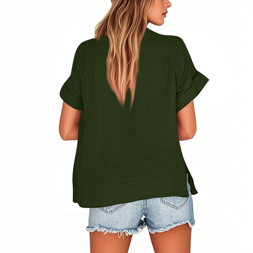 Women's Summer Casual V-neck Button Shirt Solid Color Short Sleeve Hem Split Cotton Blouse