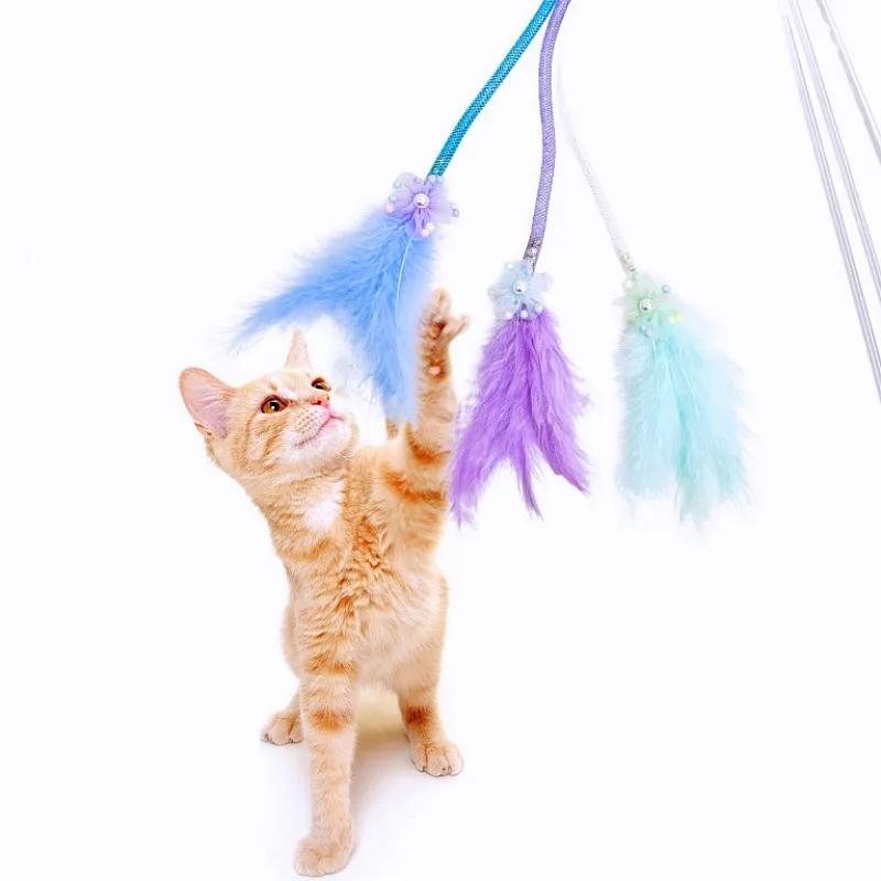 Cat Toy Feather Cats Teaser Elastic Mesh Tassel Cat Toys Interactive Feather Toys for Cats Stick Teaser with Bell Pet Products