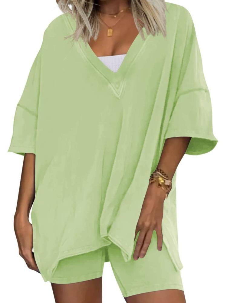 

Women s V-Neck Short Sleeve T-Shirt and Shorts Set, 8 Colors 5 Sizes, Casual Summer Outfit XXL світло-зелений колір