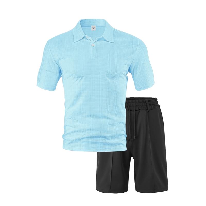 Summer Men Matching Outfit Sets Grid Texture Short Sleeve Polo Shirts Elastic Drawstring Casual Shorts Daily Beach Vacation Two Piece Tracksuit