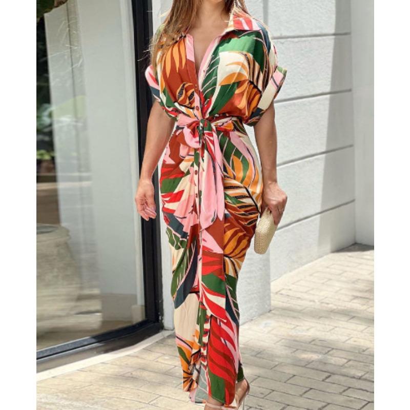 Women's fashion new lapel mid-length short-sleeved single-breasted high-waisted shirt skirt dress