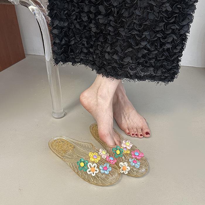 Fairy Wind Sweet Bow Sandals Crystal Shoes Flower Bag Head Cool Slippers Women's Summer Fashion Beaded Flat Slippers