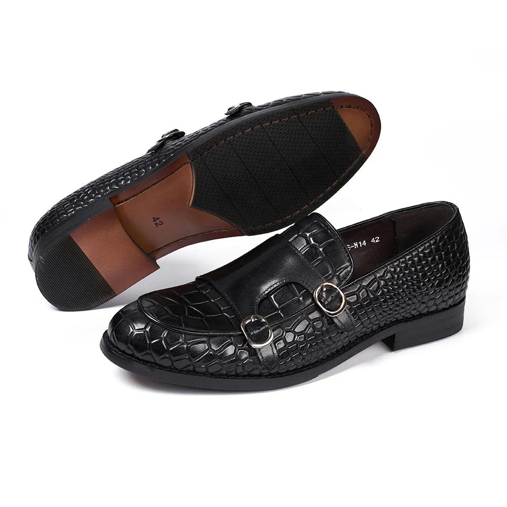 Fashion Men's Luxury Genuine Leather Loafers Double Buckle Monk Strap Slip-On Casual Shoes Crocodile Pattern Wedding Dress Occasions