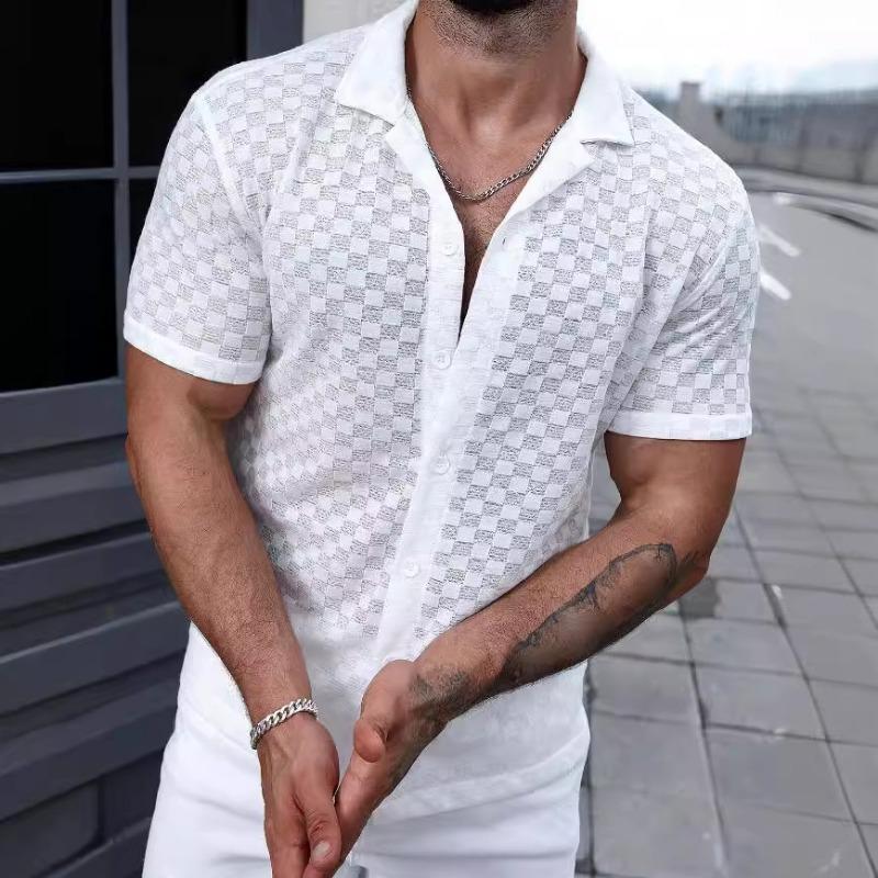 Men's Short-Sleeve Mesh Checkered Collared Shirt - Breathable Casual Button-Down Slim-Fit Top