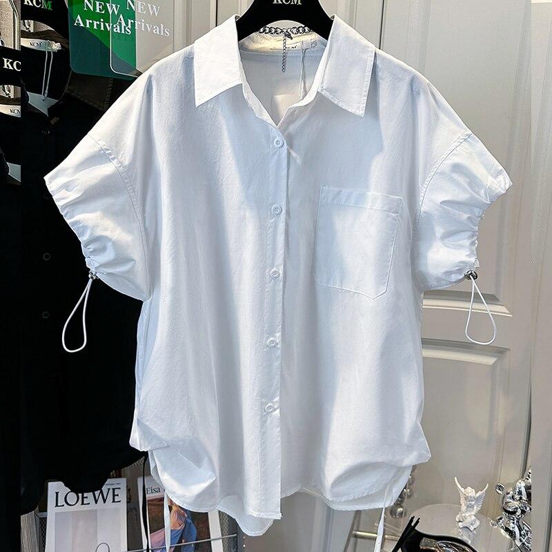 Fashion Turn Down Collar Single Breasted Shirt Puff Short Sleeve Casual Loose Lace-up Drawstring Tops White Summer Blouse 27514